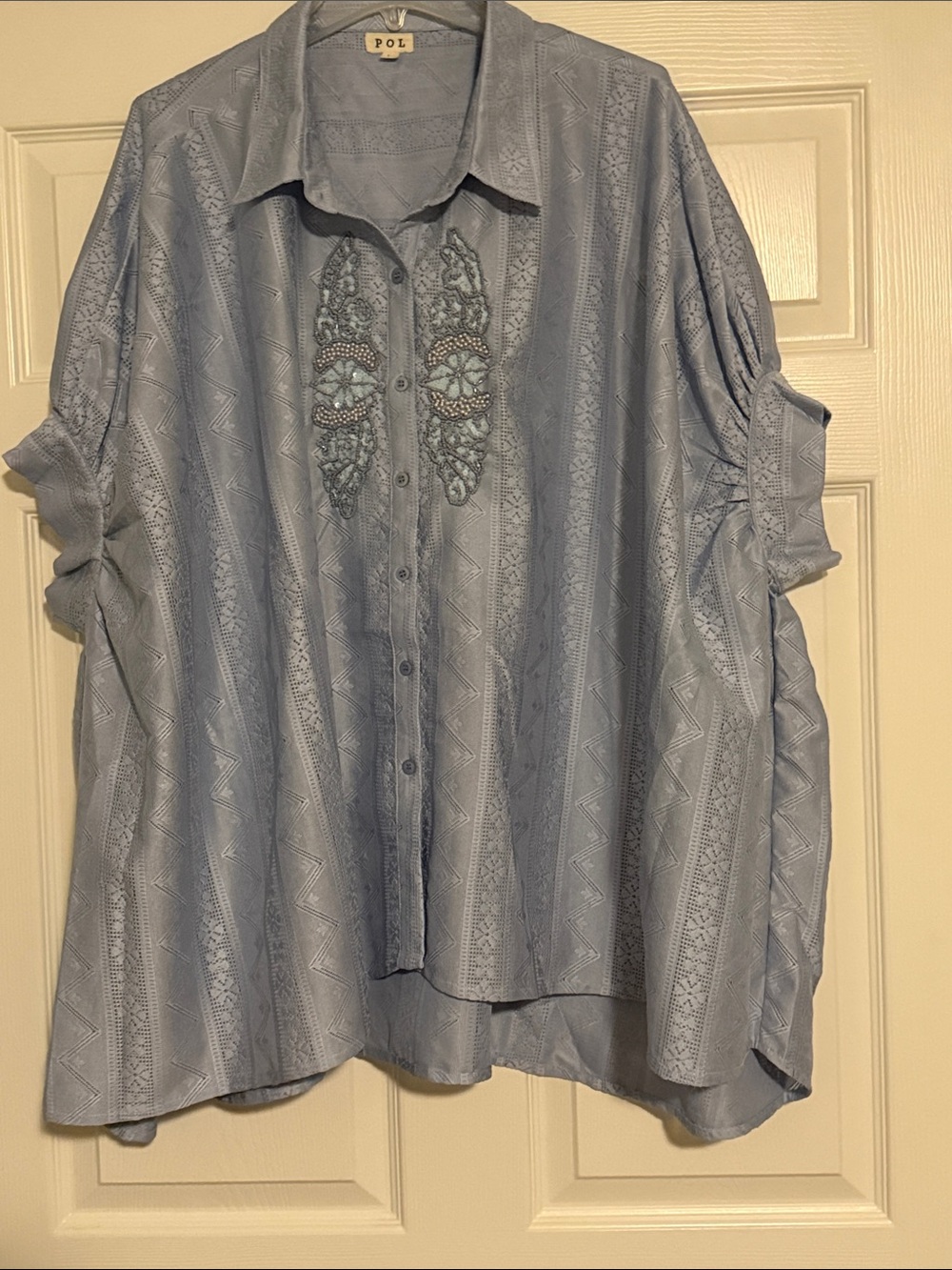 POL Light Blue Beaded Button-Up Blouse
